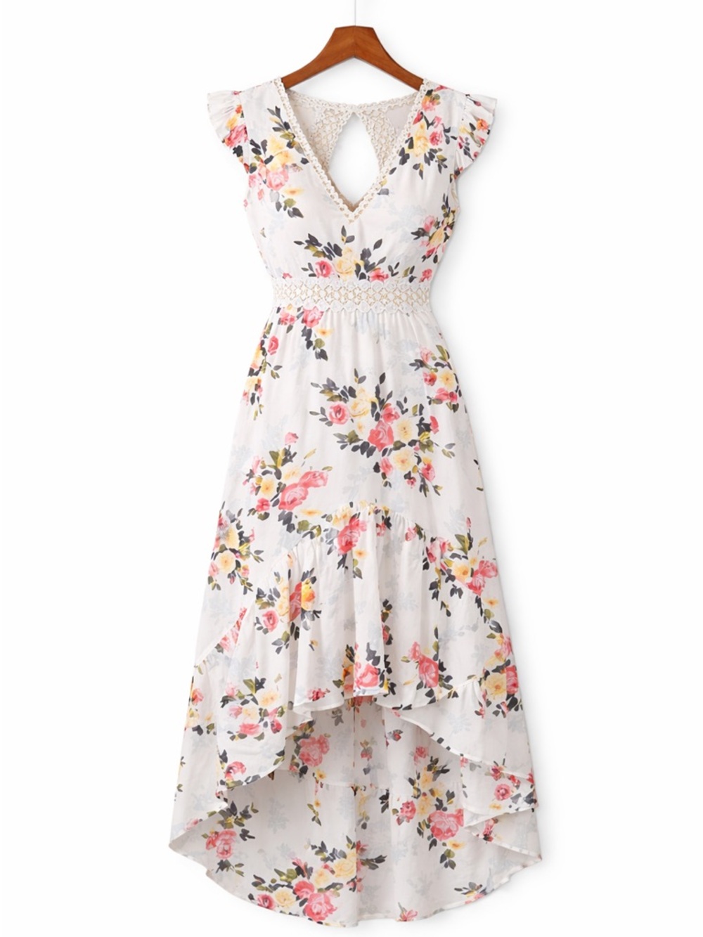 White Flower Crepe Asymmetrical Dress - Picture 6 of 7